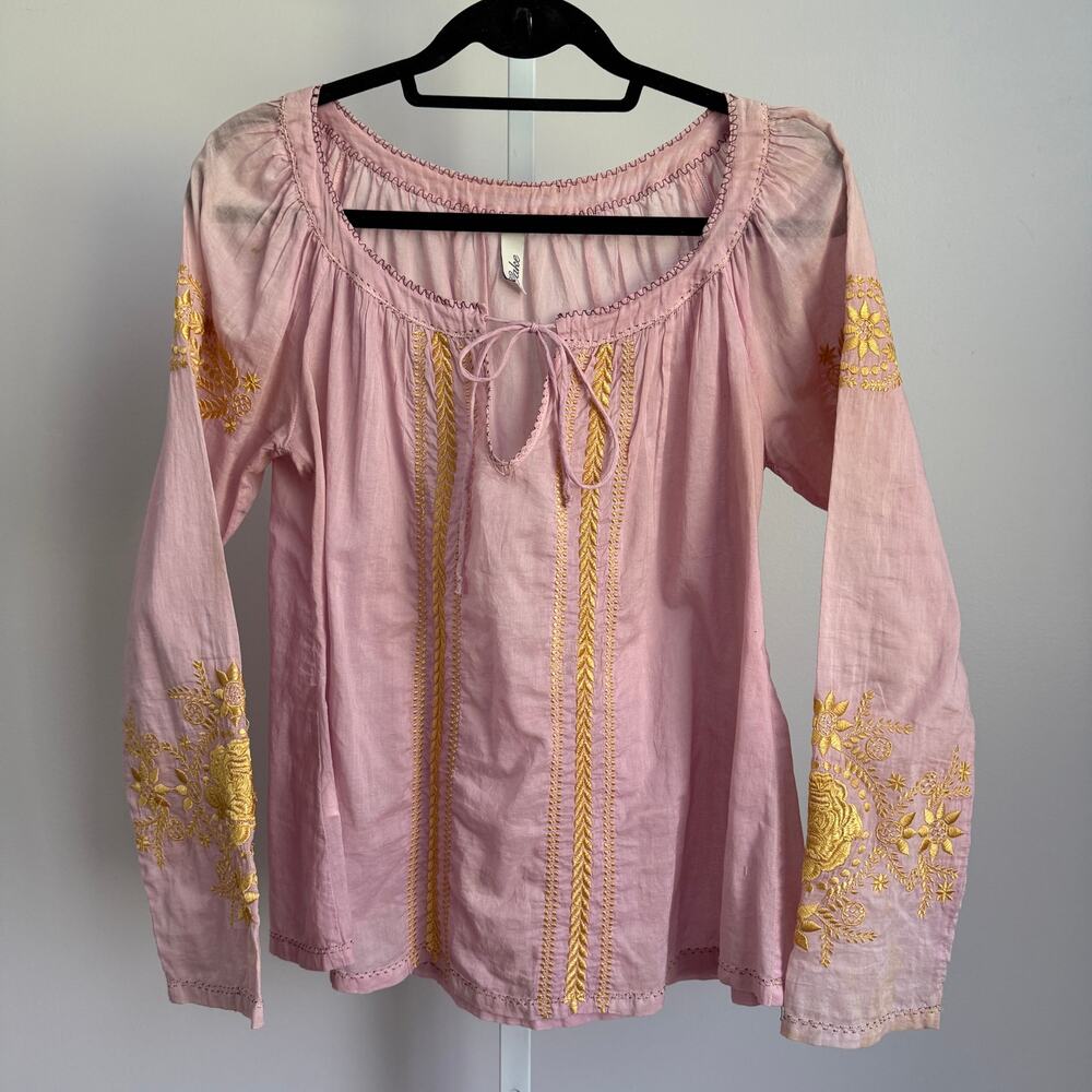 Cake‎ sz S Pink Gold Embroidered Cotton Blouse Prairie Cottagecore Fairy